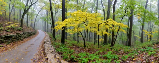Autumn walk through misty forest serene nature path scenic landscape peaceful environment eye-level view tranquility and beauty