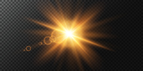 Golden star. Sunlight, lens flare special effect. PNG. Vector illustration.