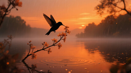 Fototapeta premium Hummingbird Feeding at Beautiful Lake Dramatic High Resolution Nature Artwork 