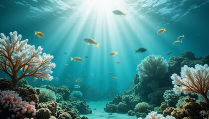 Fototapeta premium Colorful marine life swimming above coral reef underwater 