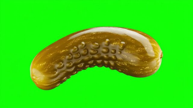 Creative demonstration of a uniquely textured pickle on a green screen background showcasing its glossy appearance and details