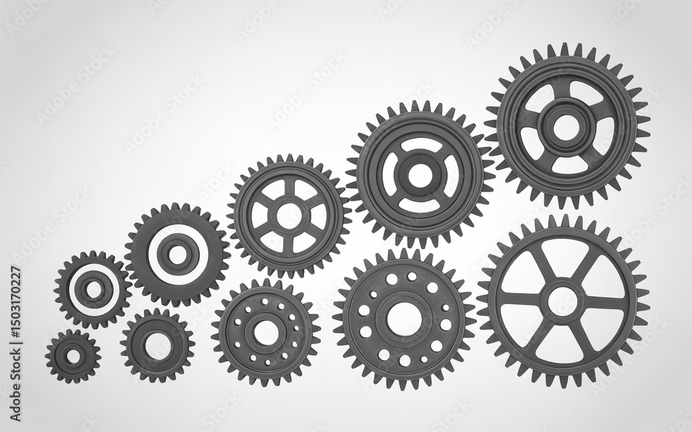 Aufkleber a collection of gray gears arranged in an ascending pattern on a white background surface