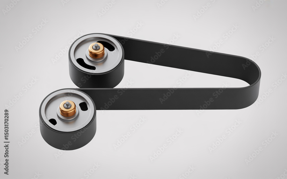 Aufkleber a close up of a black belt and two pulleys on a white background in a studio setting with soft light