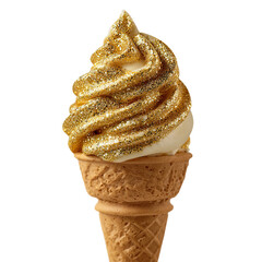 Golden glitter ice cream cone, a unique dessert. This sweet treat offers a dazzling visual appeal, perfect for any occasion