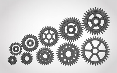 A collection of gray gears arranged in an ascending pattern on a white background surface
