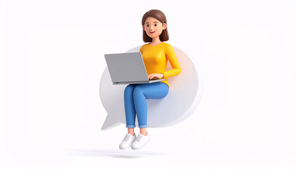 Digital Dialogue: A charming character sits atop a thought bubble, completely engrossed in their laptop, symbolizing communication in the digital age.