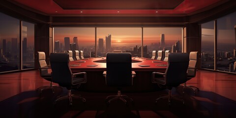 A large conference room with a view of the city skyline