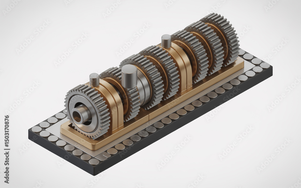 Aufkleber a close up of a complex gear system with multiple gears and supporting structures on a dark base