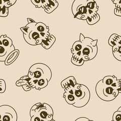 Fototapeta premium Cute seamless skull pattern with hand drawn cartoon style