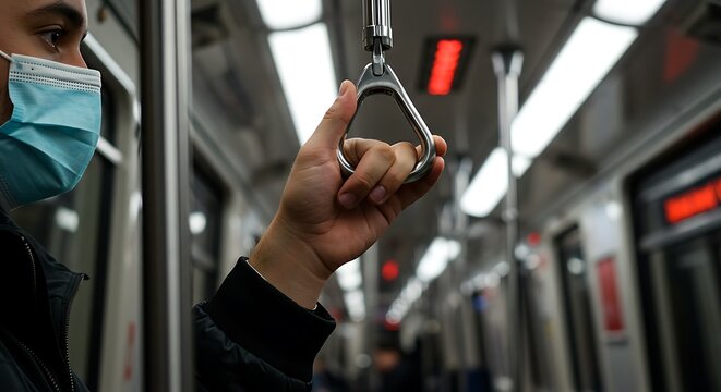 Masked Passenger Holding Stainless Steel Handrail Inside Subway Train