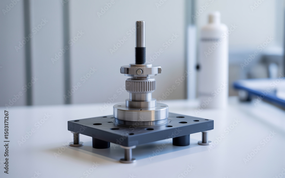 Aufkleber close up of a metal mechanical component assembled on a dark square base with a white background
