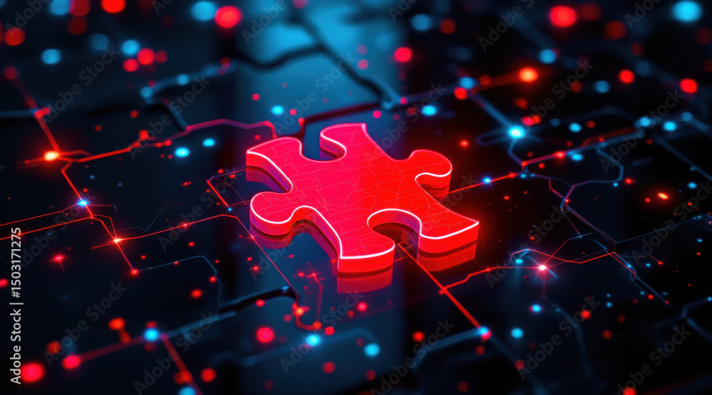 Poster strategy completion scene with luminous red puzzle piece glowing on digital circuit board, symbolizi