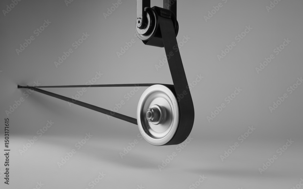 Aufkleber a grayscale rendering of a belt driven system with a pulley and a tensioning mechanism on a gray bac