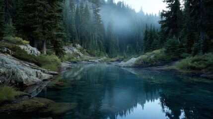 A mountain spring with mirror-like clear water reflecting the sky, peaceful forest all around, early morning mist 