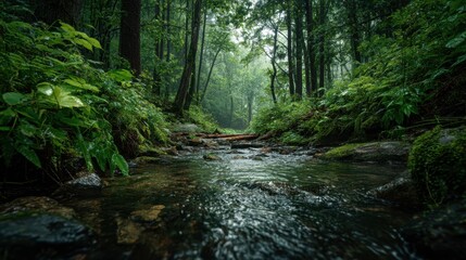 Obraz premium A small stream flowing through a forest, revitalized by rain, surrounded by lush greenery and serene calmness 