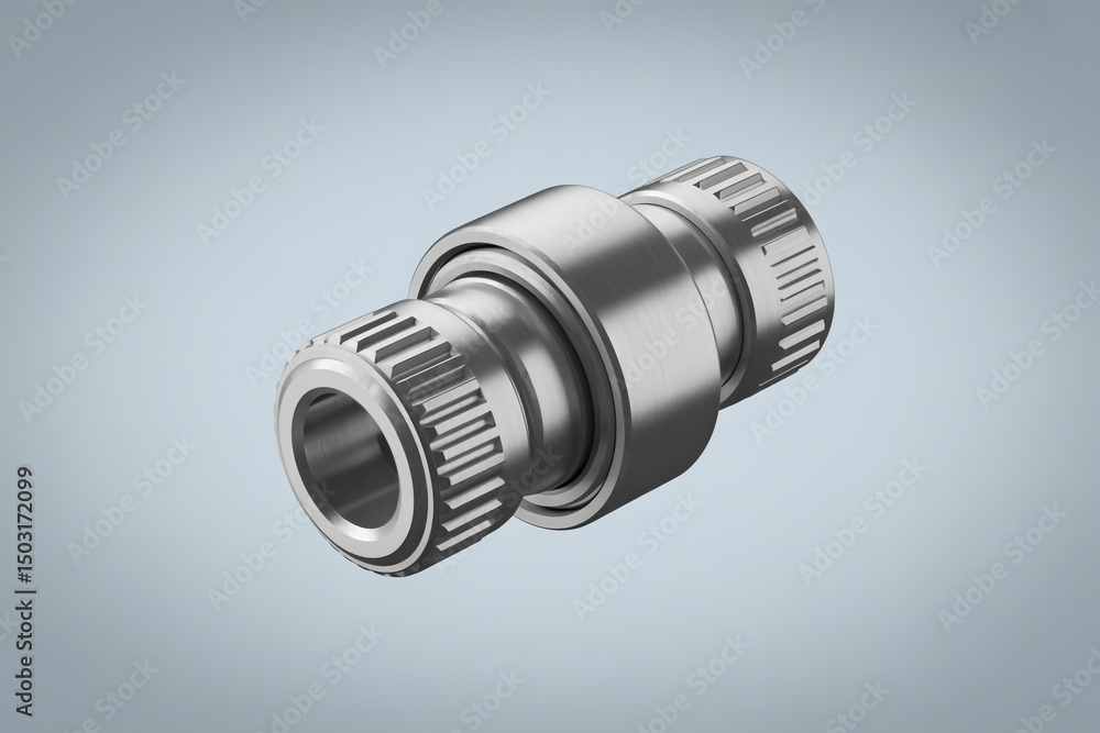 Poster close up view of a shiny metal cylinder with ridges on a light blue gradient background image