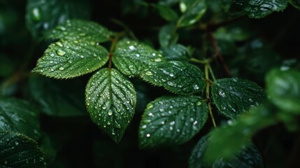 Close-up of leaves with sparkling water droplets, nature breathing and refreshed after a storm 