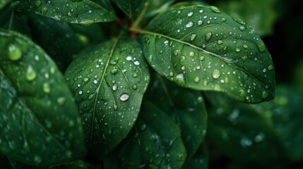 Close-up of leaves with sparkling water droplets, nature breathing and refreshed after a storm 