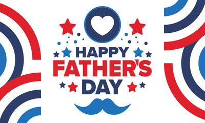 Obraz premium Happy Father’s Day. Honoring dads. Lovely celebration in June. Sweetest family holiday. Party event. Mustache and heart. Blue color. Creative art poster. Vector design