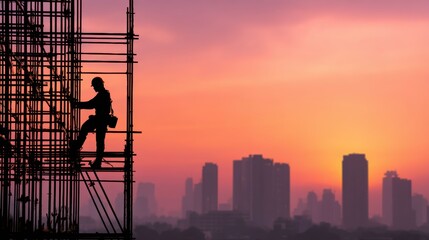 Construction worker climbing scaffolding at dawn, city skyline in the background, symbol of physical labor and resilience 