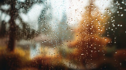 Raindrops sliding down a window with blurred view of trees outside, cozy rainy afternoon atmosphere -