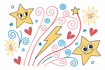 Fototapeta premium Happy birthday card with cute cartoon birds, colorful floral seamless pattern, and festive heart and star decorations