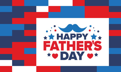 Happy Father’s Day. Honoring dads. Lovely celebration in June. Sweetest family holiday. Party event. Mustache and heart. Blue color. Creative art poster. Vector design