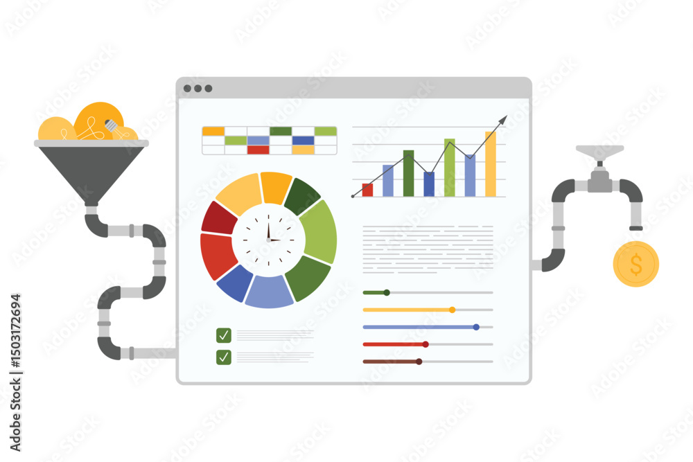 Poster convert creative ideas into money using analytics dashboard with charts and graphs of financial data