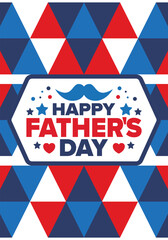 Obraz premium Happy Father’s Day. Honoring dads. Lovely celebration in June. Sweetest family holiday. Party event. Mustache and heart. Blue color. Creative art poster. Vector design