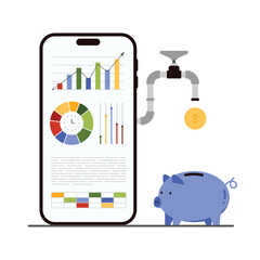 Conversion of financial analytics, analysis of data report into money. Dashboard of company audit and marketing information on mobile phone screen, optimization process cartoon vector illustration