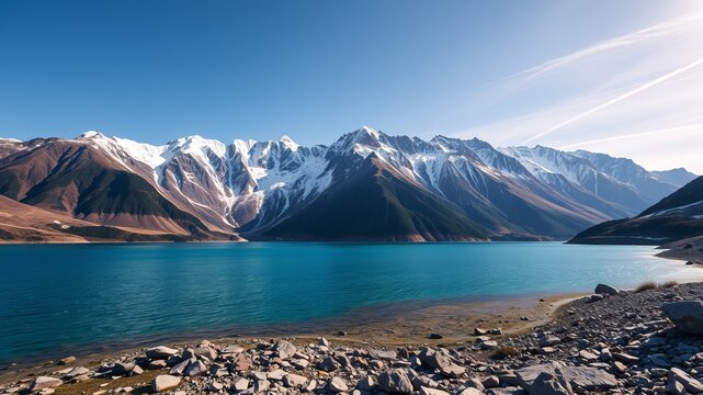 A breathtaking panoramic view of a serene mountain lake led amongst snow-capped peaks under a vibrant blue sky on a sunny day.