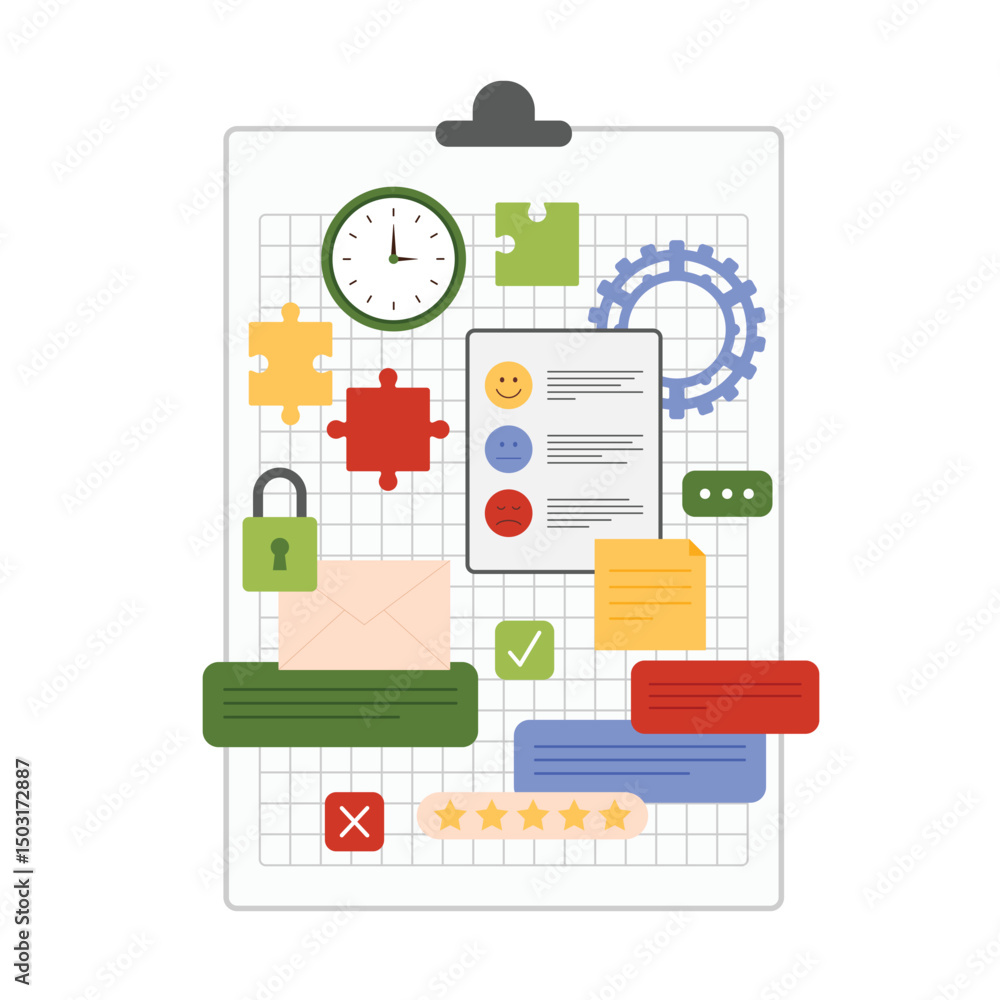 Poster board project planning strategy with notes. survey checklist with emoji, paper documents and online 