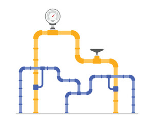 Oil and gas industry pipeline system with pressure control and measurement device, leak inspection. Yellow and blue steel pipes with valve, petrochemical plant equipment cartoon vector illustration