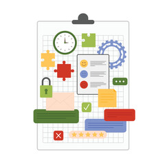 Board project planning strategy with notes. Survey checklist with emoji, paper documents and online messages, gear and puzzles of tasks to register and plan using clipboard cartoon vector illustration