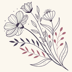 Soft Hand-Drawn Floral Illustration Vector with Delicate Lines, Elegant Details, and Romantic Nature Elements

