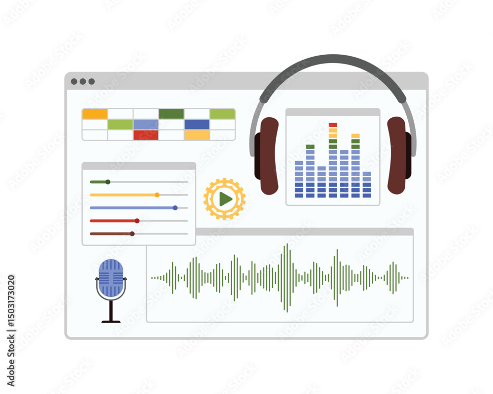 Poster audio editing and mixing software. window interface with headphones and microphone, graphic equalize