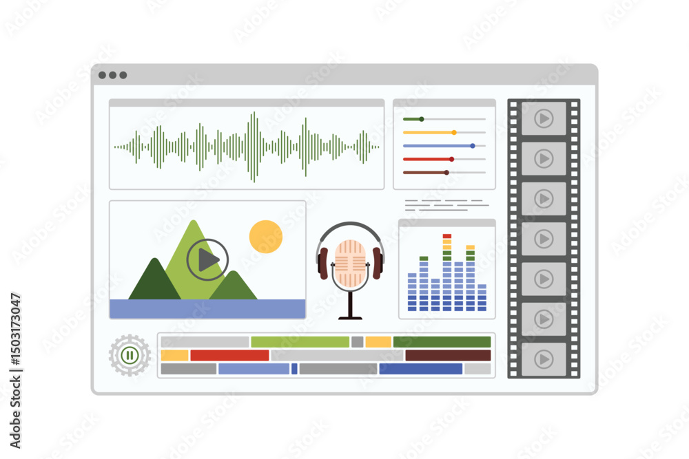 Poster film production and video montage software. window interface of movie project editing with headphone
