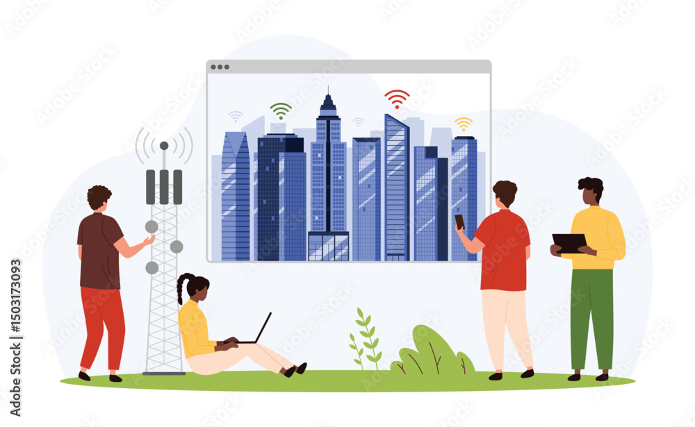 Poster 5g and iot, data technology in smart city. tiny people use internet network communication with high 