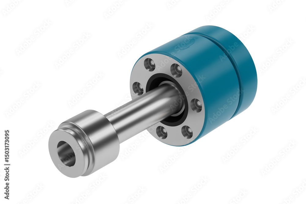Poster a close up of a blue and silver mechanical component isolated on a white background in studio shot