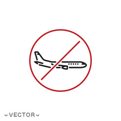 ban travel on plane icon, no flight concept, no fly zone, thin line symbol isolated on white background, editable stroke eps 10 vector illustration