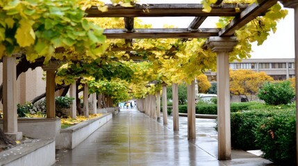 Obraz premium Autumn walk through vine-covered arches university campus photography serene atmosphere ground level nature's beauty