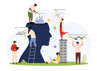 Data management in account with AI, online filters. Tiny people check information report in charts and graphs for database analysis, control sliders of settings and buttons cartoon vector illustration