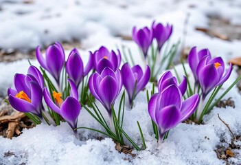 Close-up of purple crocuses emerging from melting snow, early spring, green, ground