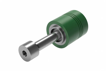 Close up of a green cylinder with a silver rod extending from it on a white background studio shot