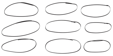 Hand drawn Black ovals and circles set. Collection of nine hand drawn circles set of frames. Hand drawn circle and oval sketch frame illustration.
