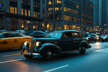 Fototapeta premium Vintage car driving through busy city street at dusk