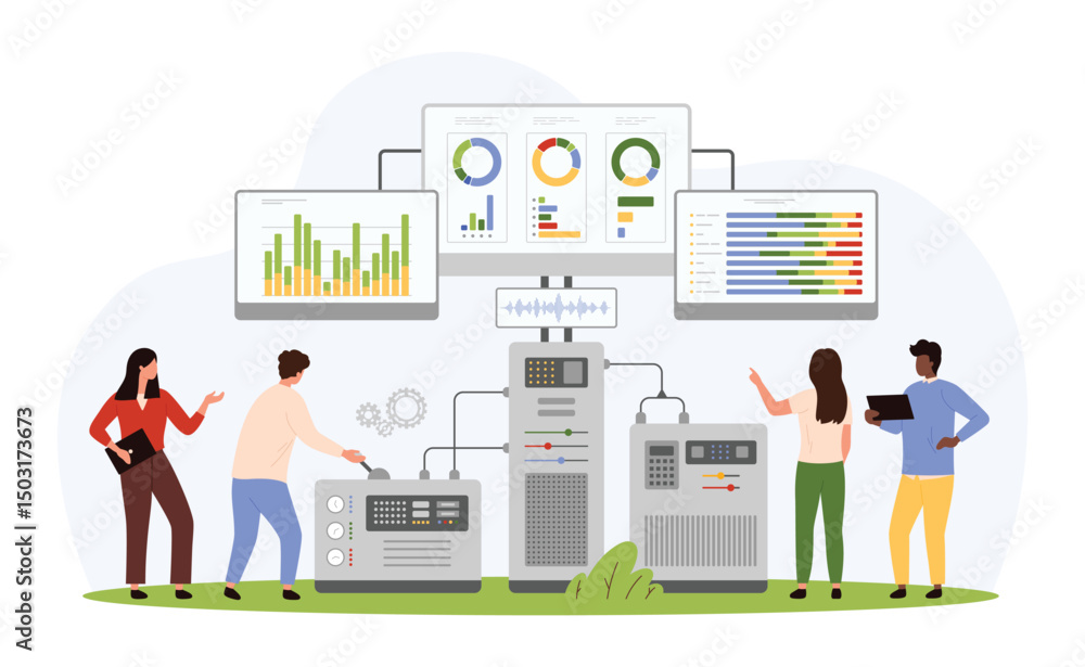 Poster benchmarking process, technical monitoring automation. tiny people compare marketing results and pro