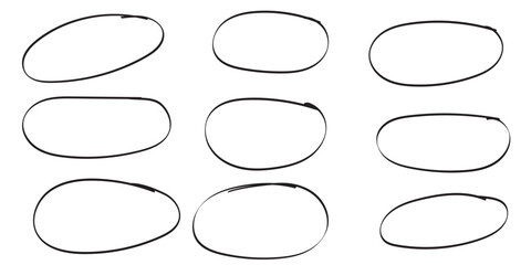 Hand drawn Black ovals and circles set. Collection of nine hand drawn circles set of frames. Hand drawn circle and oval sketch frame illustration.