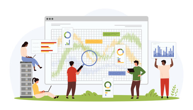 Benchmark monitoring methodology. Tiny people with magnifying glass research financial metrics, evaluate best product performance and operational results of quality cartoon vector illustration