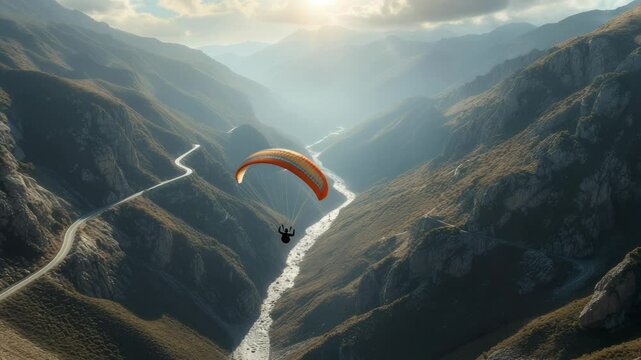 Paraglider soaring over a scenic valley with winding river and mountains in the background during sunset
